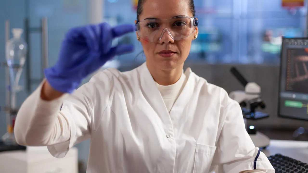 Científica analizando muestras en laboratorio con equipo de protección personal.